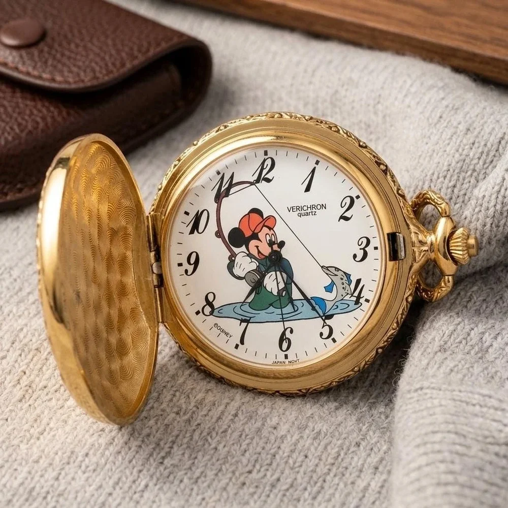 Disney Mickey Mouse 'Gone Fishing' Pocket Watch by Verichron Goldtone Vintage